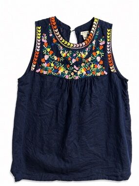 J.Crew Embroidered Navy Top Size 8 Boho Floral Sleeveless Blouse casual chic
